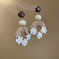 Detail of woven rattan earrings featuring white fabric flowers and dark wood studs - 21# Silver Earring Post - Coffee - Small
