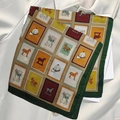 Green silk square scarf with vintage equestrian horse print and paisley pattern - Patchwork Orange Horse Scarf / 65