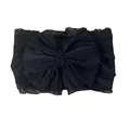 Detail of black lace baby headband with large mesh bow and ruffled edge decoration - Black