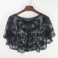 Women's black sheer mesh sequin shawl with intricate embroidery and wavy edges - Black