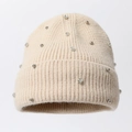 Winter knitted beanie in cream with sparkling rhinestones and soft fur pompom - Beige (Small Square Diamond)