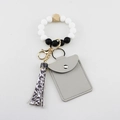 Silicone bead keychain bracelet set with cheetah print tassel and grey card holder - Gray