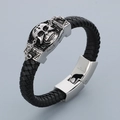 Men's black braided leather bracelet with silver skull charm and 316L magnetic clasp - Skull Style C (KB44126-D)