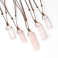 Handcrafted pink quartz stone pendant necklace with adjustable brown braided cord strap - Rose Quartz
