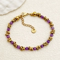 Bracciale delicato in acciaio inossidabile placcato oro con perline di pietra viola - Viola