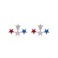 Detail view of silver star earrings with red and blue enamel and sparkling rhinestones - Style 15-Red Blue Silver Quad Star Curved Stud Earrings