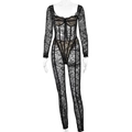 Detail eines schwarzen langärmeligen Spitzen-Catsuits mit floralem Muster und Korsett-Stil - L / Schwarz