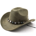 Chapeau de cowboy en daim vert olive avec bande perlée ethnique et charm main de Fatima - M (56-58cm) / Vert Militaire