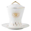 White ceramic tea cup and saucer set with gold Evil Eye pattern and elegant gold trim - White Eye Sugar Pot + Tray