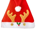 Detail of red Christmas hat with glittering golden antlers and plush white trim - Adult Fleece Gold Antler