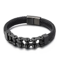 Bracciale punk da uomo in pelle intrecciata con dettaglio catena moto in acciaio nero - Nero