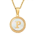 18K gold stainless steel necklace featuring a round white shell pendant with letter P - Gold Letter P