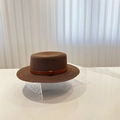 Minimalist brown flat top boater straw hat with leather belt strap for summer sun protection - M (56-58cm) / Coffee