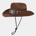 Detailed texture of brown straw cowboy hat with turquoise bead and chin strap - One Size / Dark Brown