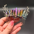 Iridescent natural crystal hair comb with tree branch wire wrap on metal base - Multicolor + Branch
