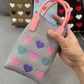 Gray knitted phone tote with colorful heart patterns and pink handle for women - Grey Colorful Hearts