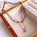 Detail of layered gold bead chain with tiger eye stones and a polished heart pendant - 20# Gold-Coffee-Real Gold Plated (2-Piece Set)