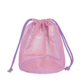 Pink mesh beach bag for kids with purple double drawstring closure and honeycomb texture - Drawstring Bucket Bag Pink 19x19x22cm
