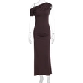 Detail of dark chocolate one-shoulder maxi dress with ruched waist and elegant drapes - S / Brown