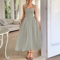 Elegant light green sleeveless halter neck maxi dress with an open back and A-line silhouette - S / Grey Green