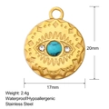 Macro shot of 17mm gold stainless steel evil eye pendant with stone inlay details - Round Evil Eye Pendant (SS0021)