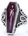 Macro detail of Gothic coffin ring featuring purple inlay and ornate skeleton engraving - US Size 8 / Enamel Gothic Style (04203 Enamel)