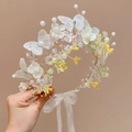 Handmade child's hair crown featuring white flowers, lace butterflies and yellow accents - White Butterfly Pearl Flower Streamer