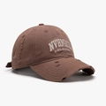 Distressed dark brown cotton baseball cap featuring NVRMND white 3D embroidery and rips - Adjustable / Brown