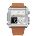 Men's silver steel dual display watch with brown leather strap and quartz movement - Silver Case White Dial (P997)