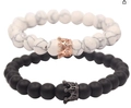 Couples crown bracelet set with white marble stone and black matte frosted beads - Minimal Crown Black & White Rose Gold Set (Rose Gold+Black)