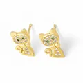 Chic gold cat stud earrings with pave set clear zircons and green gemstone eyes - Cat Shape Style (B)