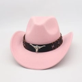 Detail of pink wool cowboy hat featuring brown leather band and silver bull head buckle - Pink