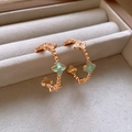 Detailed shot of gold C-shaped earrings with teal enamel four-leaf clover design - 20# Four-Leaf Clover Enamel Zirconia Earrings (20#)