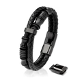 Men's double-strand black braided leather bracelet with polished black magnetic metal clasp - Double Layer Upper Lower Ring / Black
