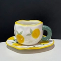 Hand-painted ceramic coffee cup and saucer set with yellow lemon patterns and green handle - 250ML / Orange