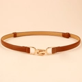 Minimalist brown skinny leather belt for dresses with a gold interlocking buckle - Interlocking Buckle (19248) / Camel