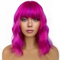 Pink wavy bob wig with bangs, mid-length water wave synthetic hair for women - Mixed Purple
