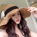 Natural straw sun hat for women featuring a wide black ribbon and woven texture - L (58-60cm) / Black Ribbon Bow Khaki