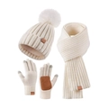 Winter 3-piece knit set with pompom hat, scarf, and touch screen gloves in cream white - White
