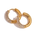 Chic 18K gold plated stainless steel hoop earrings with half-inset zirconia stones - Round Semi-Set Zirconia Hoop Earrings / Gold