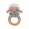 Handmade crochet baby sheep rattle with blue collar and natural wooden ring - Lamb