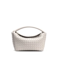 Mini light grey woven leather handbag with minimalist top handle and crossbody design - White