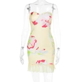 Detail of floral print summer dress with ruffled hem and vibrant yellow pattern - XS / Yellow