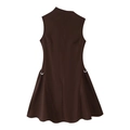 Sleeveless one-shoulder mini dress in brown with silver metal waist ring decorations - S / Coffee