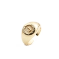 Detailed view of gold plated signet ring featuring embossed letter J and sunburst texture - Letter J