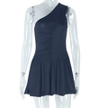 Detail of black one-shoulder sleeveless dress showing ruched texture and ruffle design - S / Black