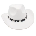 Dettaglio cappello da cowboy bianco in feltro con cintura nera e borchie in argento - Bianco (Decorazione Fibbia in Metallo)