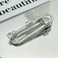 Silver bow hair clip with clear zircon stones on a sleek polished metal chain design - 3093 White Zircon-U-shaped Pin Style + Clear Zirconia