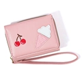Pink PU leather wallet featuring embroidered cherry and ice cream motifs with wrist strap - Pink