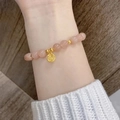 Handmade beaded bracelet with pink orange pearls and golden Fu character pendant - S195-strawberry Red "fu" Character Glass Bracelet #sz142